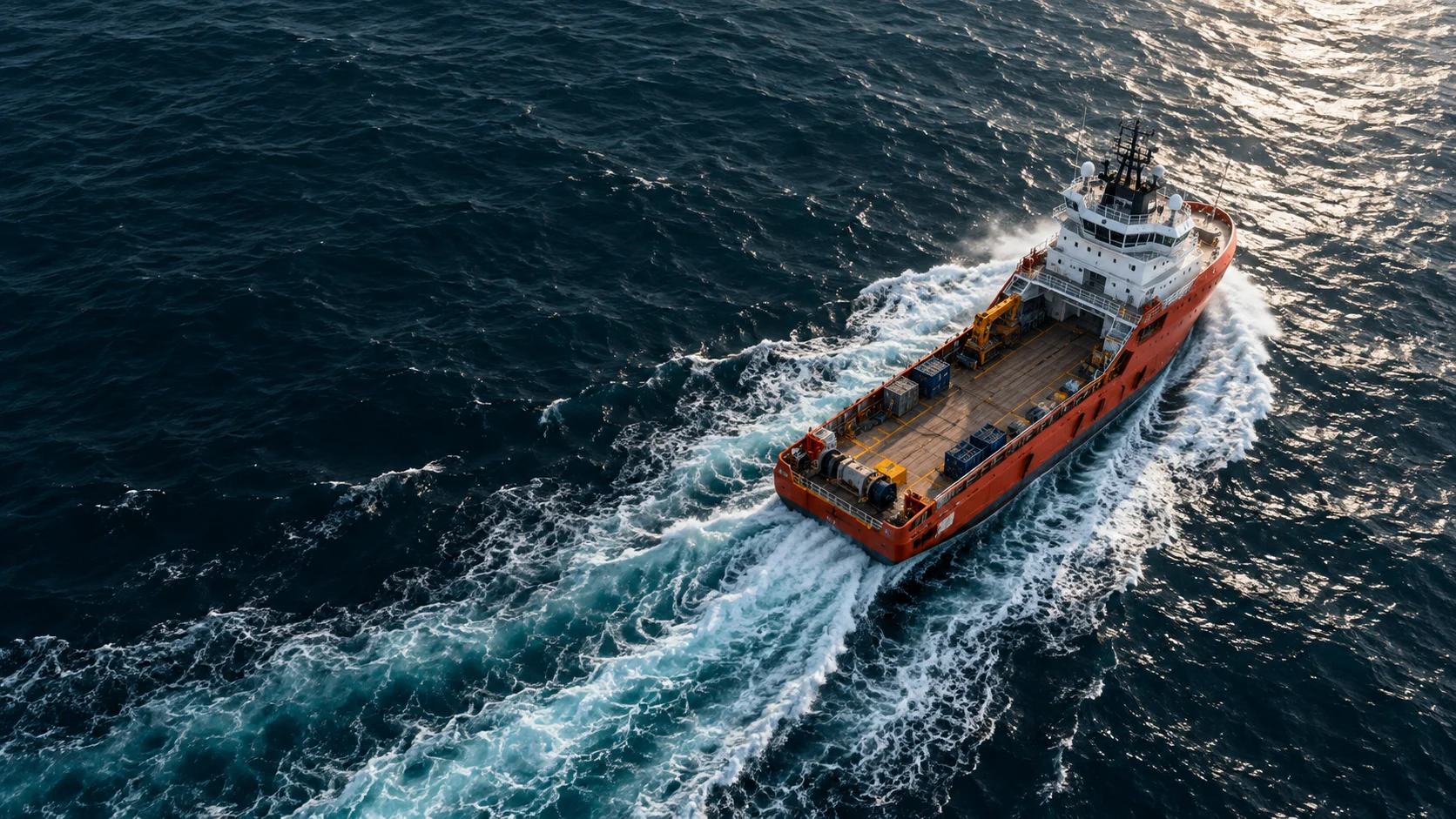 A marine supply vessel navigating open water